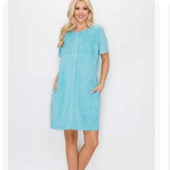 JOH Teal Light Faux Suede Short Sleeve Dress Size Large - Picture 1 of 10